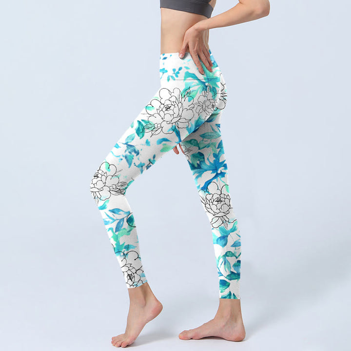 Buddha Stones Blue Watercolor Peony Flowers Lines Pattern Print Gym Leggings Women's Yoga Pants