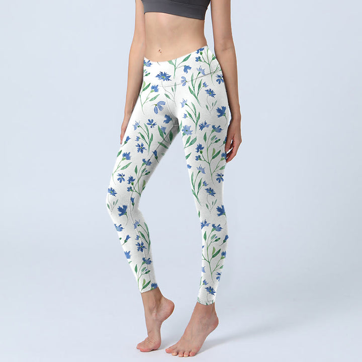 Buddha Stones White Flowers Leaf Pattern Print Gym Leggings Women's Yoga Pants