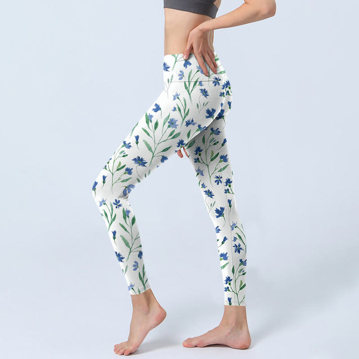 Buddha Stones White Flowers Leaf Pattern Print Gym Leggings Women's Yoga Pants