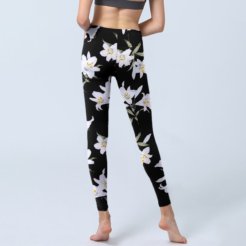 Buddha Stones Black Lily Flower Leaf Pattern Print Gym Leggings Women's Yoga Pants - image 6