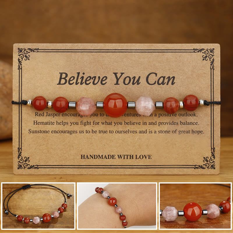 Buddha Stones Believe You Can Carnelian Red Jasper Hematite Sun Stone Positive Bracelet