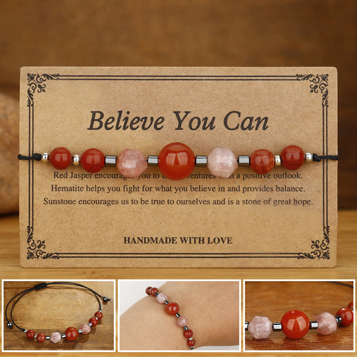 Buddha Stones Believe You Can Carnelian Red Jasper Hematite Sun Stone Positive Bracelet