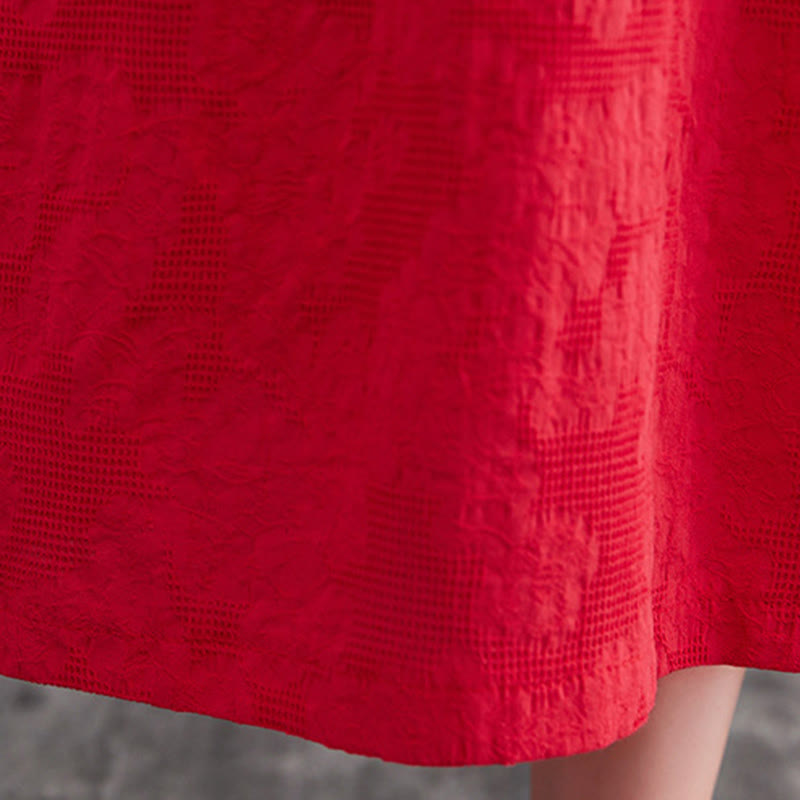 Buddha Stones Smiple Jacquard Pattern Long Sleeve Cotton Linen Women's Midi Dress With Pockets - image 19