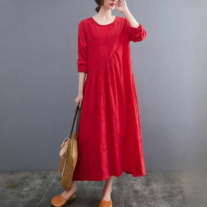 Buddha Stones Smiple Jacquard Pattern Long Sleeve Cotton Linen Women's Midi Dress With Pockets