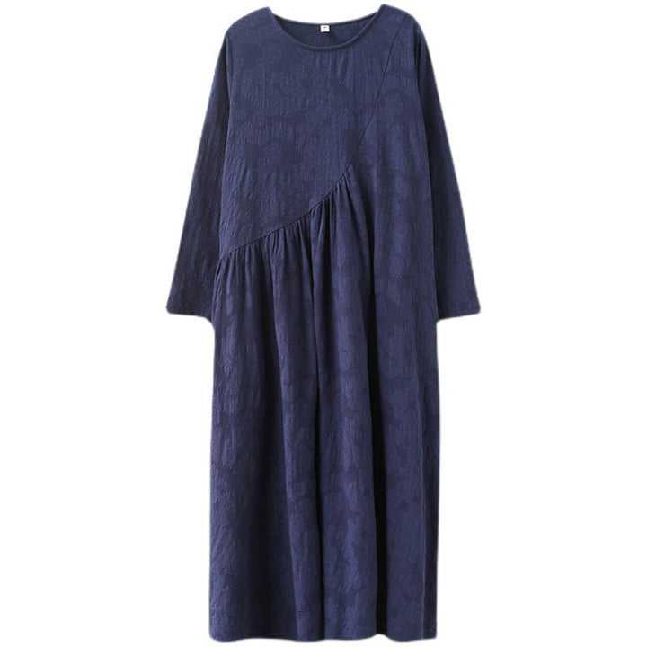 Buddha Stones Smiple Jacquard Pattern Long Sleeve Cotton Linen Women's Midi Dress With Pockets