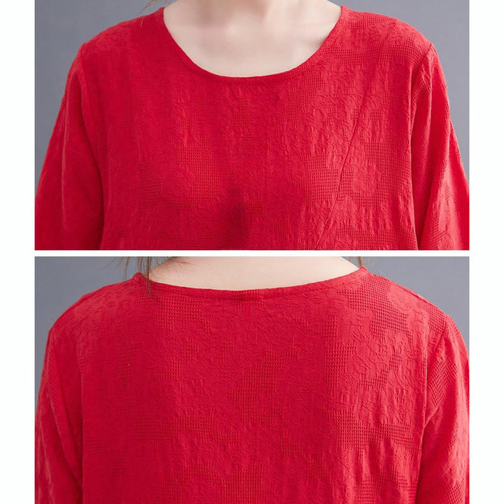 Buddha Stones Smiple Jacquard Pattern Long Sleeve Cotton Linen Women's Midi Dress With Pockets