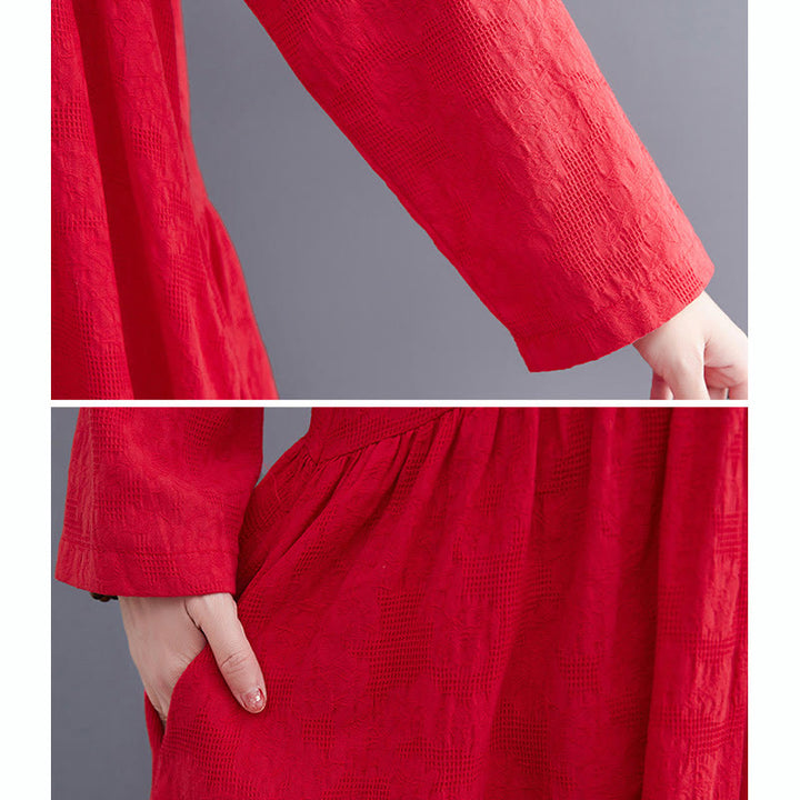 Buddha Stones Smiple Jacquard Pattern Long Sleeve Cotton Linen Women's Midi Dress With Pockets