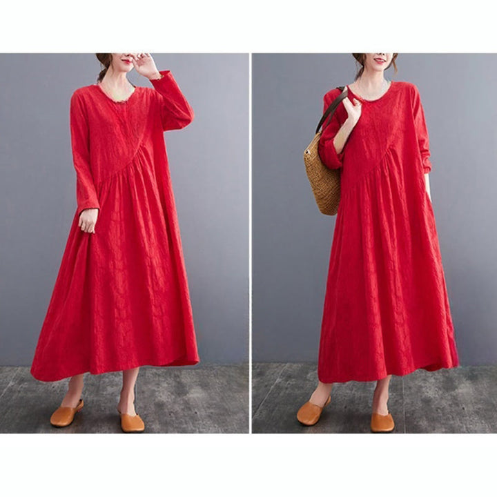 Buddha Stones Smiple Jacquard Pattern Long Sleeve Cotton Linen Women's Midi Dress With Pockets
