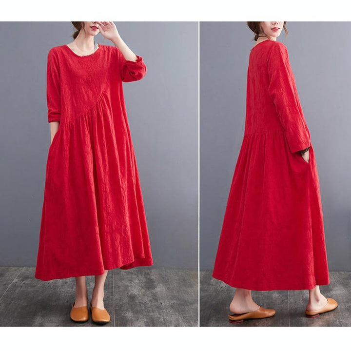 Buddha Stones Smiple Jacquard Pattern Long Sleeve Cotton Linen Women's Midi Dress With Pockets