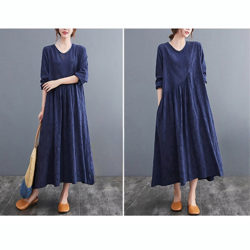 Buddha Stones Smiple Jacquard Pattern Long Sleeve Cotton Linen Women's Midi Dress With Pockets - image 27