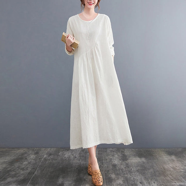 Buddha Stones Smiple Jacquard Pattern Long Sleeve Cotton Linen Women's Midi Dress With Pockets - image 4