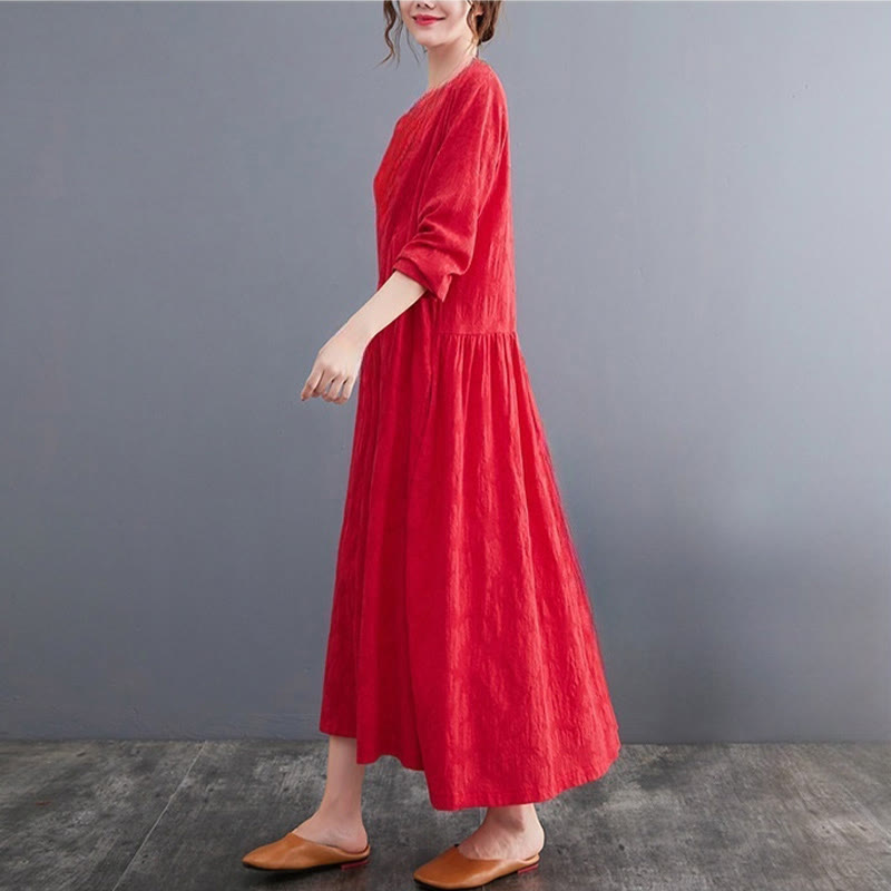 Buddha Stones Smiple Jacquard Pattern Long Sleeve Cotton Linen Women's Midi Dress With Pockets