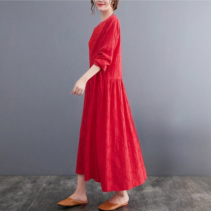 Buddha Stones Smiple Jacquard Pattern Long Sleeve Cotton Linen Women's Midi Dress With Pockets