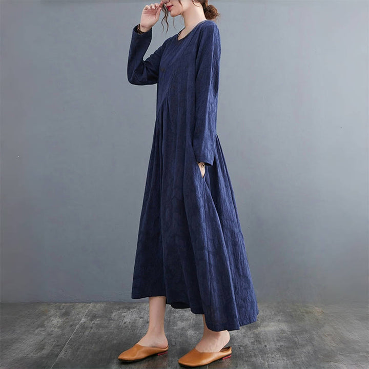 Buddha Stones Smiple Jacquard Pattern Long Sleeve Cotton Linen Women's Midi Dress With Pockets - image 21