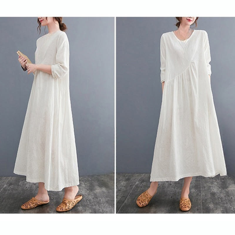Buddha Stones Smiple Jacquard Pattern Long Sleeve Cotton Linen Women's Midi Dress With Pockets