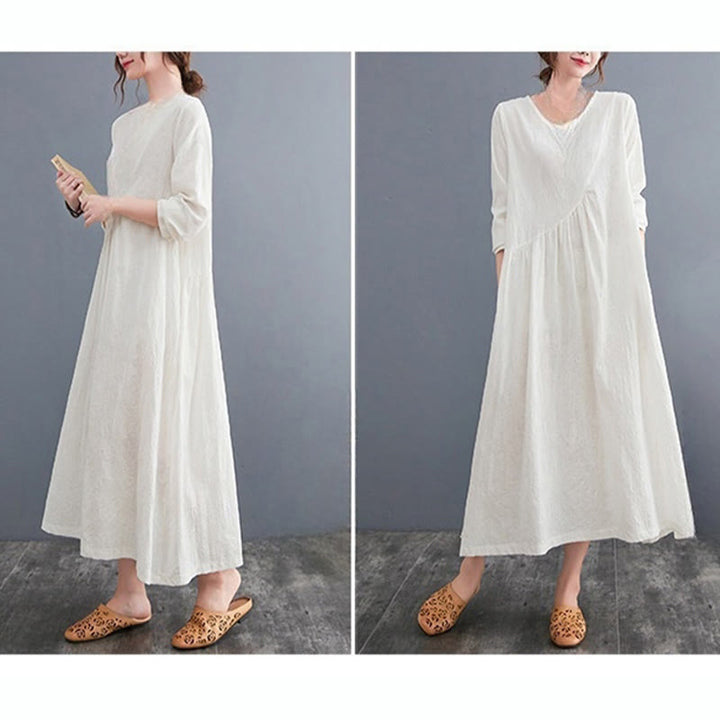 Buddha Stones Smiple Jacquard Pattern Long Sleeve Cotton Linen Women's Midi Dress With Pockets