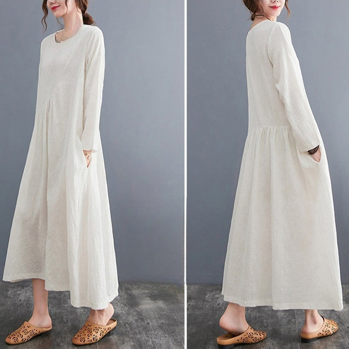 Buddha Stones Smiple Jacquard Pattern Long Sleeve Cotton Linen Women's Midi Dress With Pockets