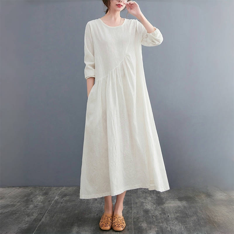 Buddha Stones Smiple Jacquard Pattern Long Sleeve Cotton Linen Women's Midi Dress With Pockets - image 1