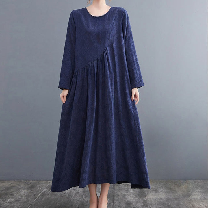 Buddha Stones Smiple Jacquard Pattern Long Sleeve Cotton Linen Women's Midi Dress With Pockets