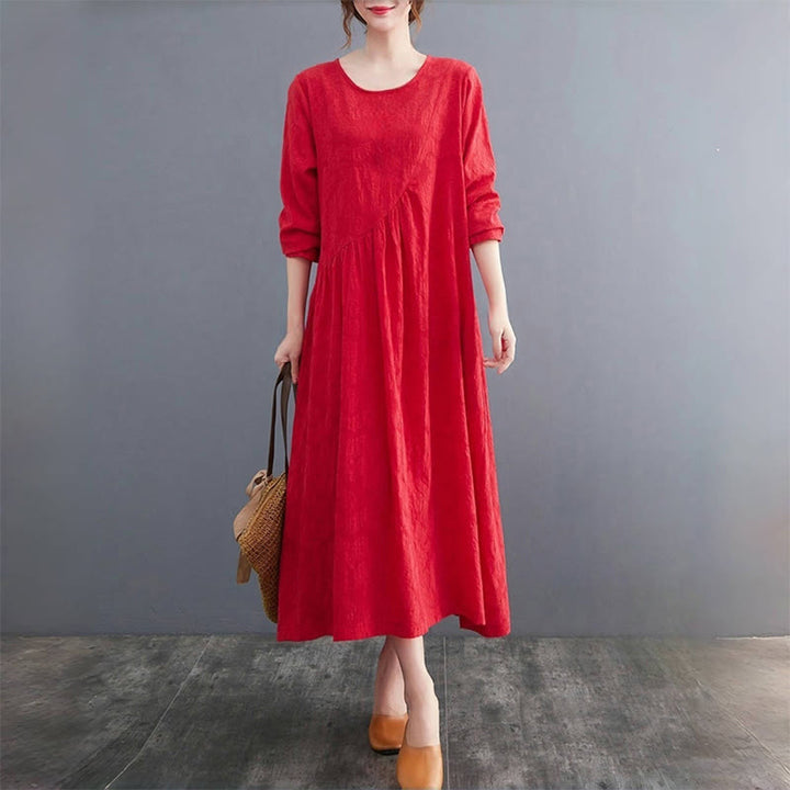 Buddha Stones Smiple Jacquard Pattern Long Sleeve Cotton Linen Women's Midi Dress With Pockets