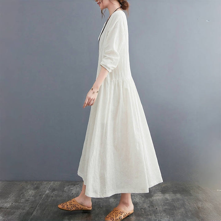 Buddha Stones Smiple Jacquard Pattern Long Sleeve Cotton Linen Women's Midi Dress With Pockets
