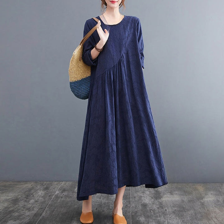 Buddha Stones Smiple Jacquard Pattern Long Sleeve Cotton Linen Women's Midi Dress With Pockets