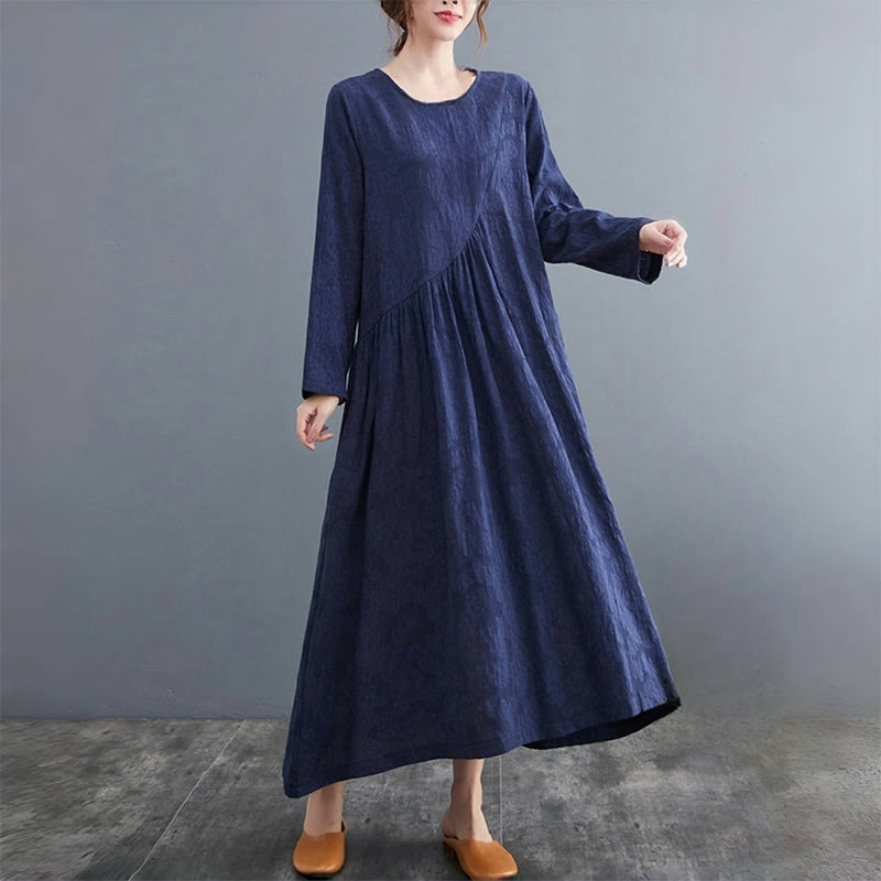 Buddha Stones Smiple Jacquard Pattern Long Sleeve Cotton Linen Women's Midi Dress With Pockets