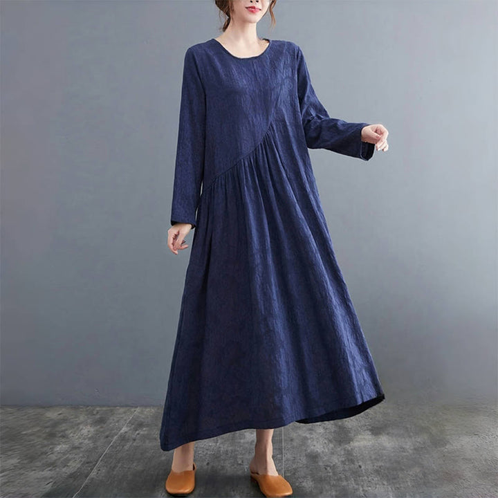 Buddha Stones Smiple Jacquard Pattern Long Sleeve Cotton Linen Women's Midi Dress With Pockets