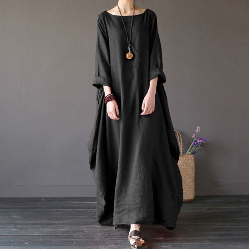 Buddha Stones Solid Color Three Quarter Sleeve Cotton Women's Maxi Dress - Black - US16，UK/AU20，EU48 (5XL) - image 11
