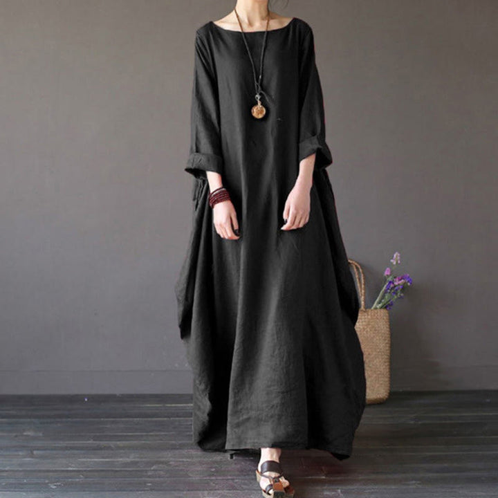 Buddha Stones Solid Color Three Quarter Sleeve Cotton Women's Maxi Dress - Black - US16，UK/AU20，EU48 (5XL) - image 11