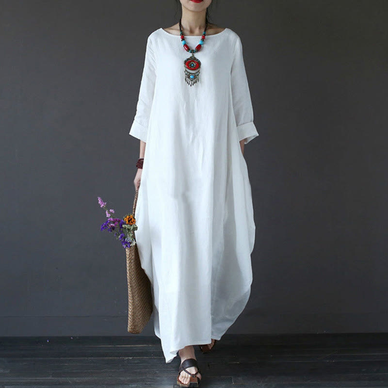 Buddha Stones Solid Color Three Quarter Sleeve Cotton Women's Maxi Dress - White - US16，UK/AU20，EU48 (5XL) - image 1