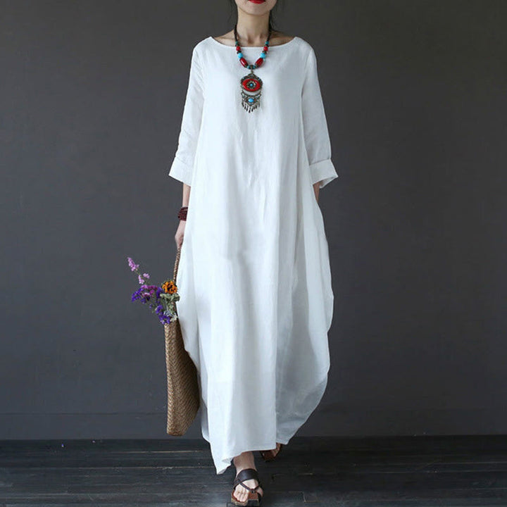 Buddha Stones Solid Color Three Quarter Sleeve Cotton Women's Maxi Dress - White - US16，UK/AU20，EU48 (5XL) - image 1