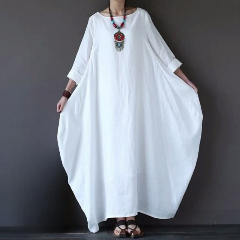 Buddha Stones Solid Color Three Quarter Sleeve Cotton Women's Maxi Dress - image 2