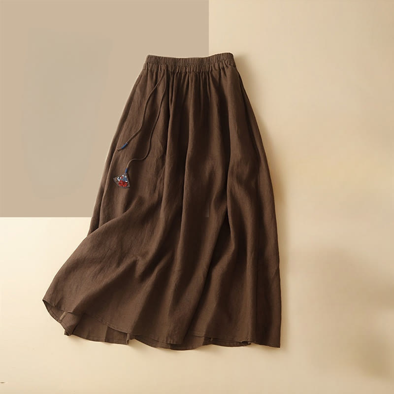 Buddha Stones Solid Embroidery Flower Pendant Elastic Waist Ramie Linen Women's Skirt With Pockets