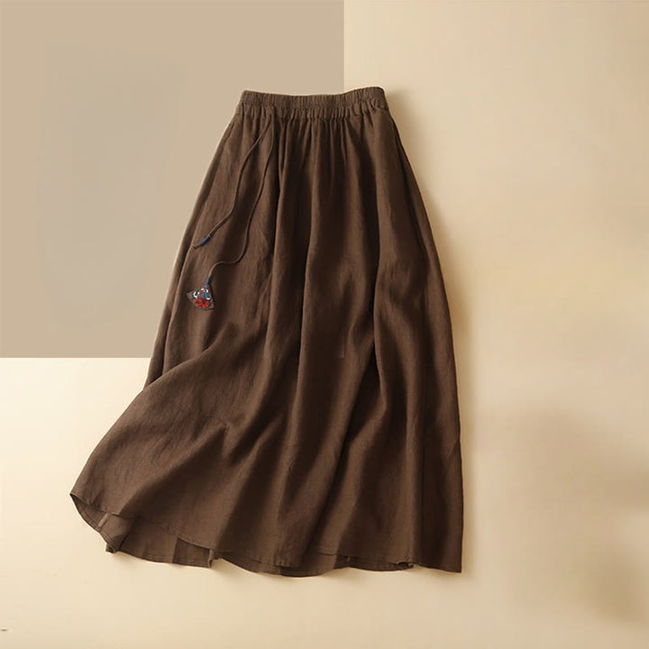 Buddha Stones Solid Embroidery Flower Pendant Elastic Waist Ramie Linen Women's Skirt With Pockets