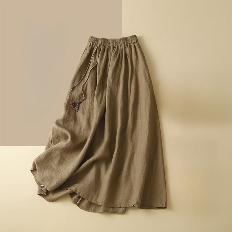 Buddha Stones Solid Embroidery Flower Pendant Elastic Waist Ramie Linen Women's Skirt With Pockets