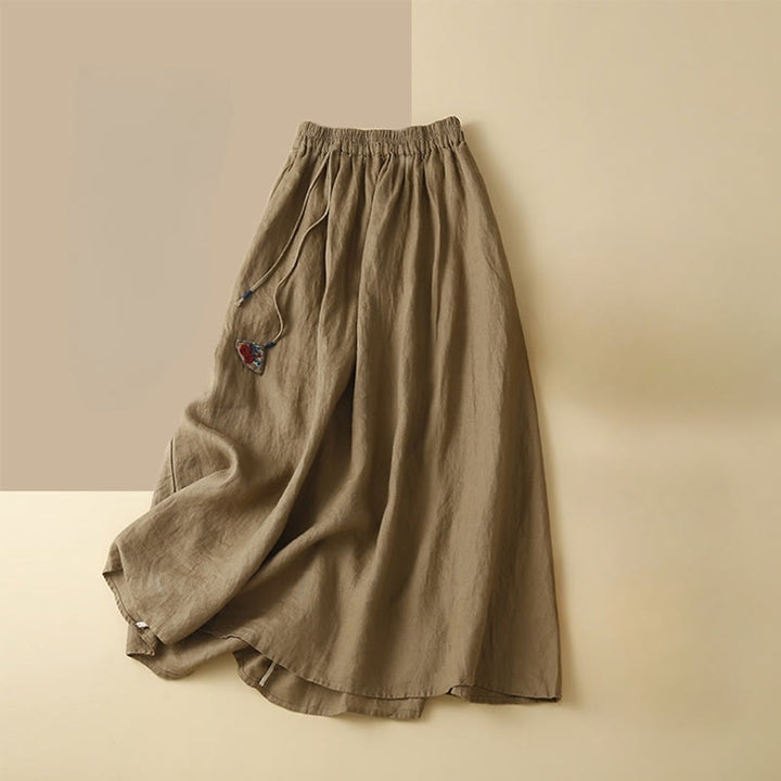 Buddha Stones Solid Embroidery Flower Pendant Elastic Waist Ramie Linen Women's Skirt With Pockets