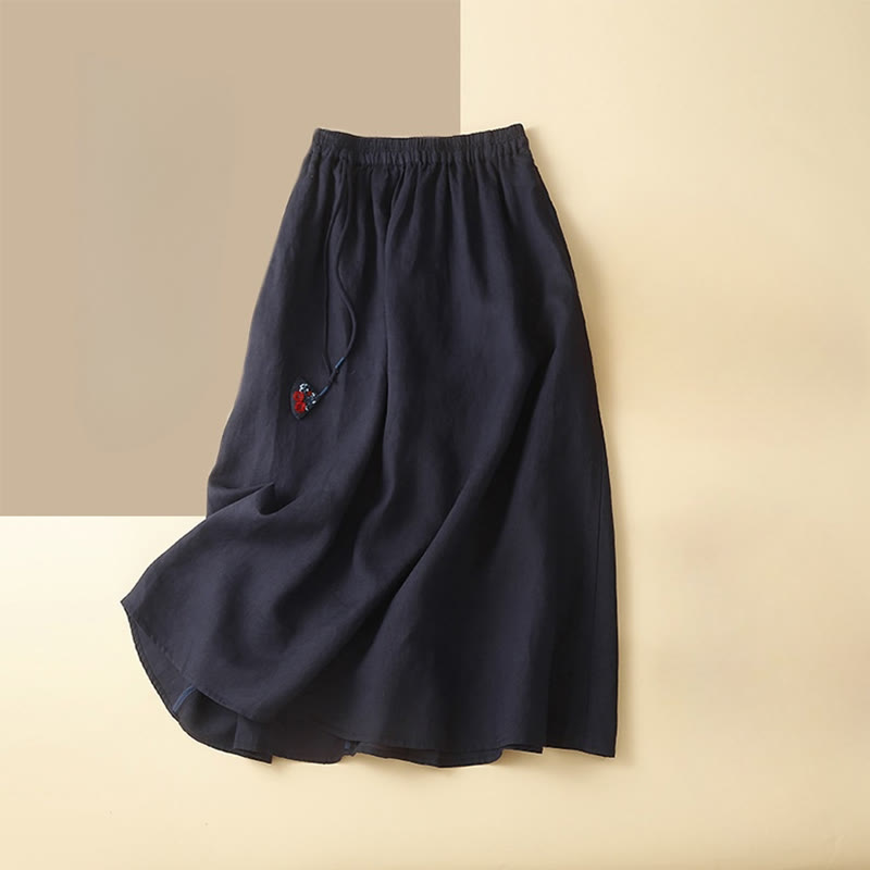 Buddha Stones Solid Embroidery Flower Pendant Elastic Waist Ramie Linen Women's Skirt With Pockets