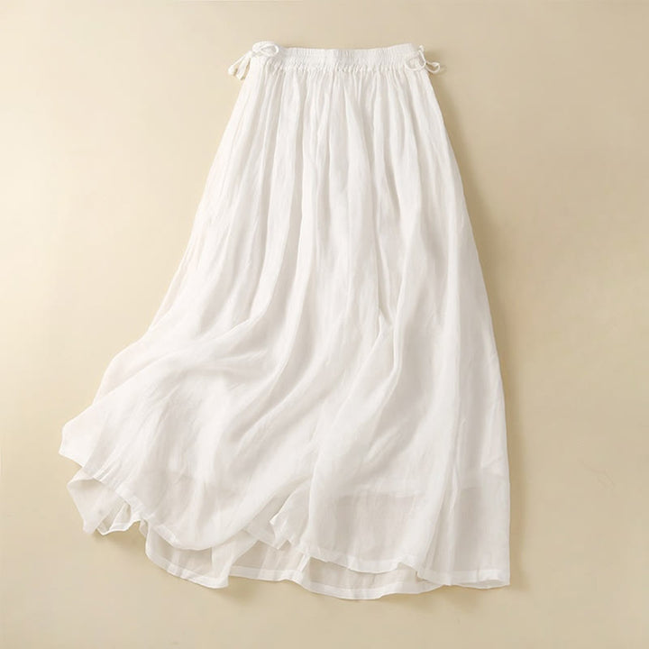 Buddha Stones Plain Lace Up Elastic Waist Linen Women's Skirt With Pockets