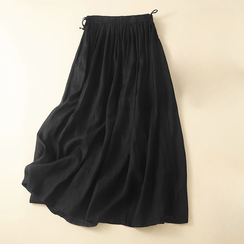 Buddha Stones Plain Lace Up Elastic Waist Linen Women's Skirt With Pockets
