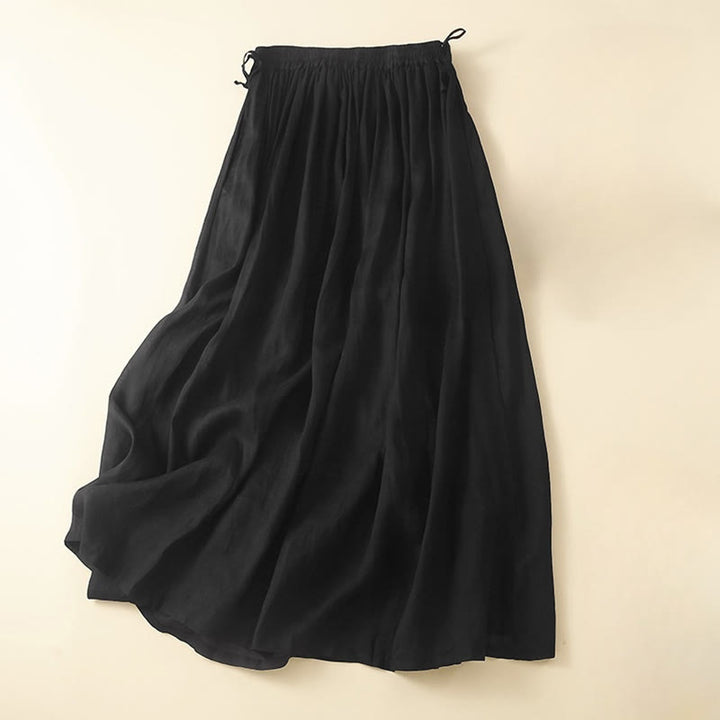 Buddha Stones Plain Lace Up Elastic Waist Linen Women's Skirt With Pockets