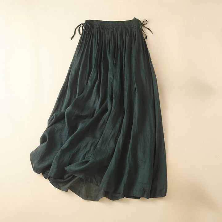 Buddha Stones Plain Lace Up Elastic Waist Linen Women's Skirt With Pockets