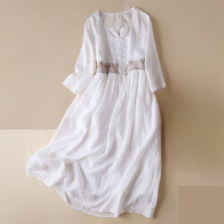 Buddha Stones Embroidery Geometry Nine-Quarter Sleeve Cotton Women's Midi Dress With Pockets