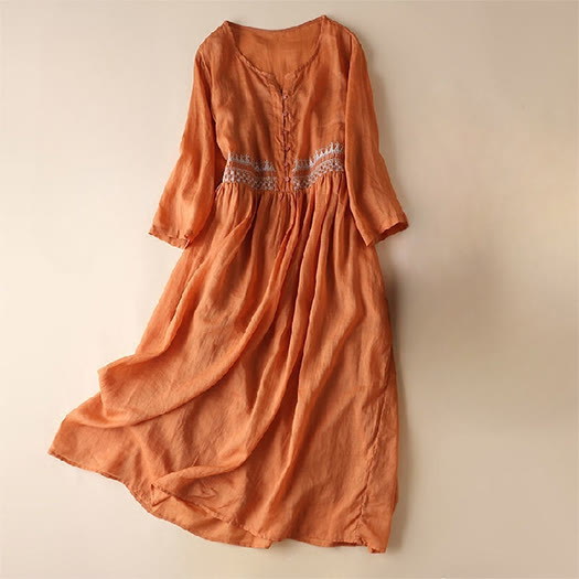 Buddha Stones Embroidery Geometry Nine-Quarter Sleeve Cotton Women's Midi Dress With Pockets