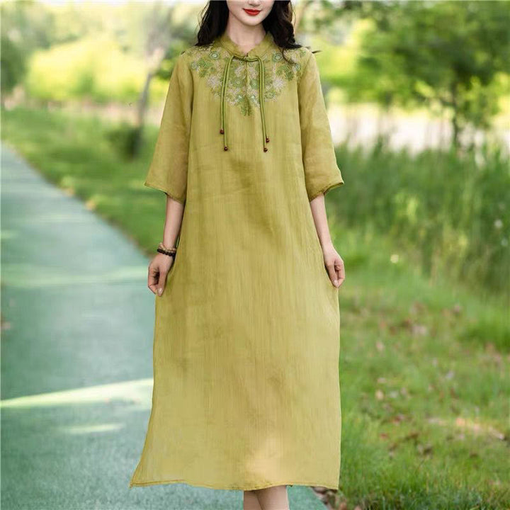 Buddha Stones Embroidery Flower Half Sleeve Cotton Linen Women's Midi Dress