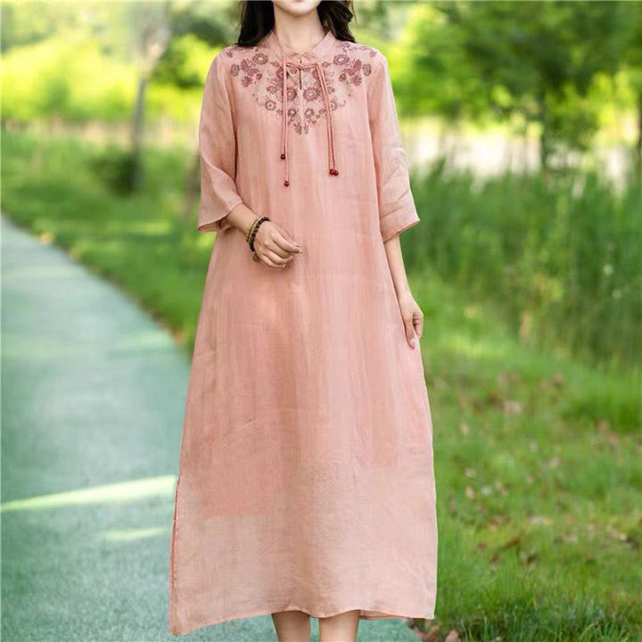 Buddha Stones Embroidery Flower Half Sleeve Cotton Linen Women's Midi Dress