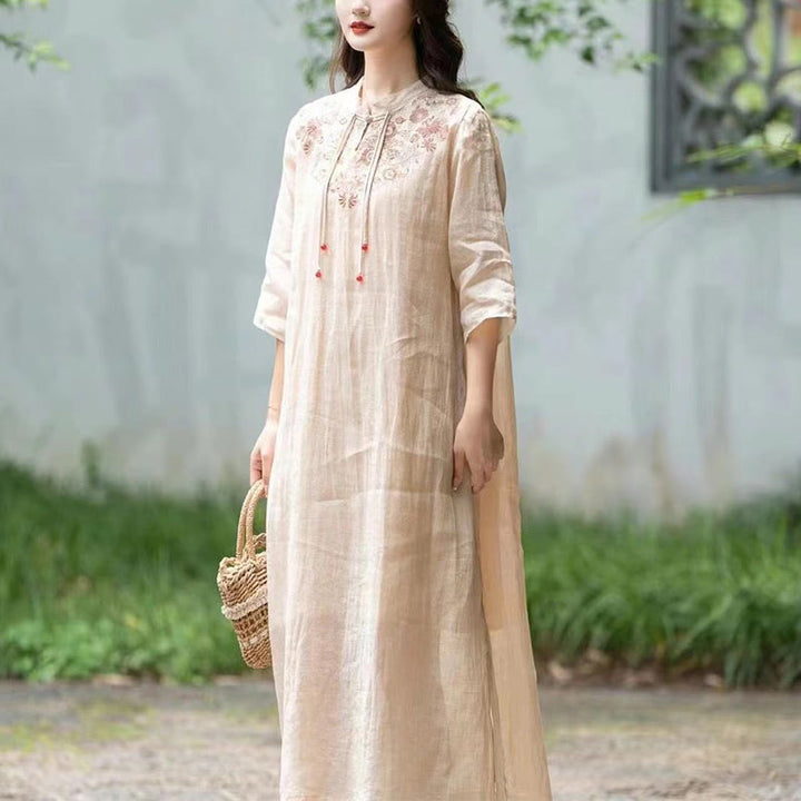 Buddha Stones Embroidery Flower Half Sleeve Cotton Linen Women's Midi Dress