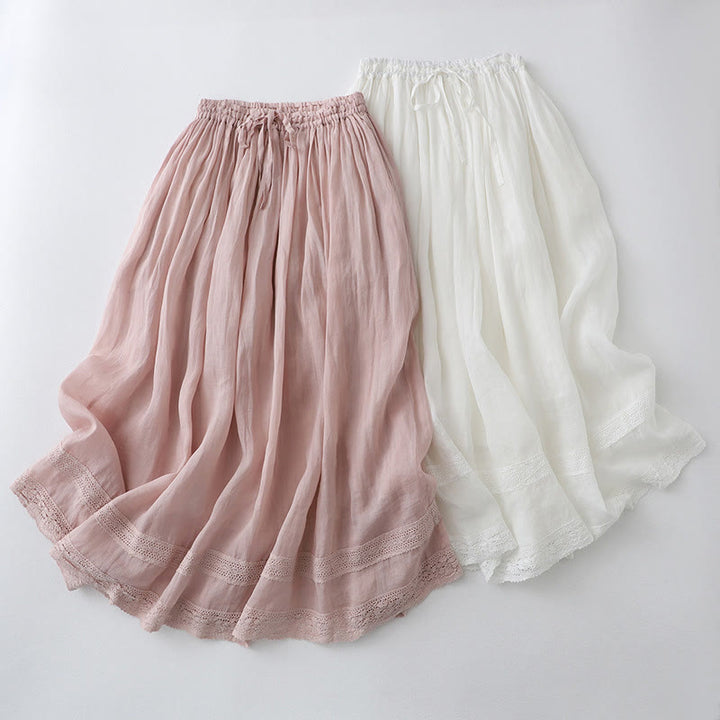Buddha Stones Solid Lace Elastic Waist Ramie Linen Women's Skirt