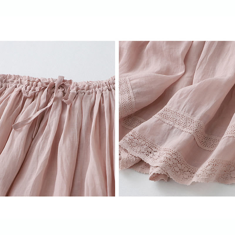 Buddha Stones Solid Lace Elastic Waist Ramie Linen Women's Skirt