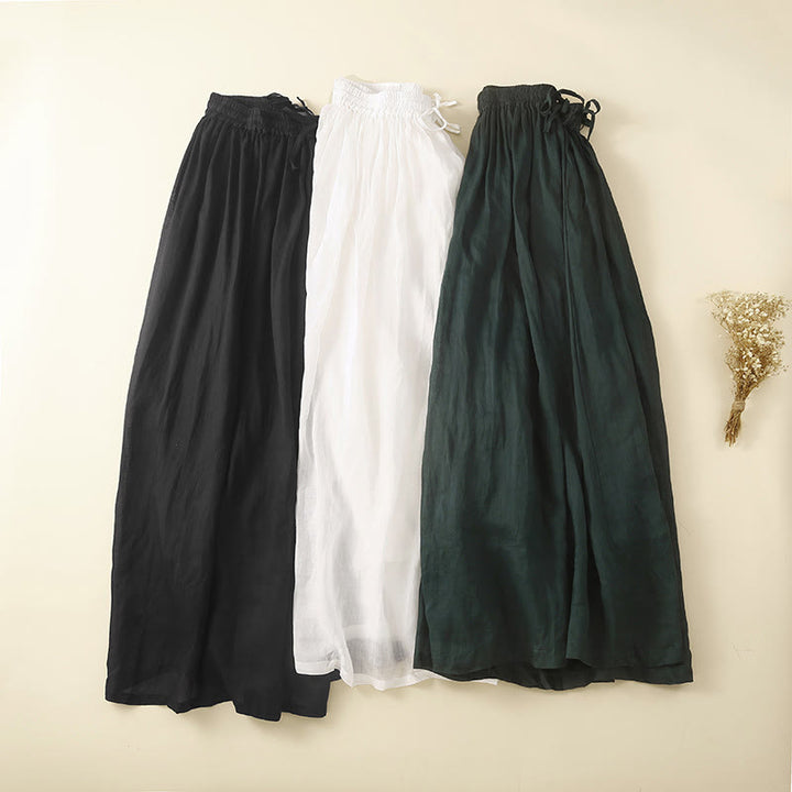 Buddha Stones Plain Lace Up Elastic Waist Linen Women's Skirt With Pockets